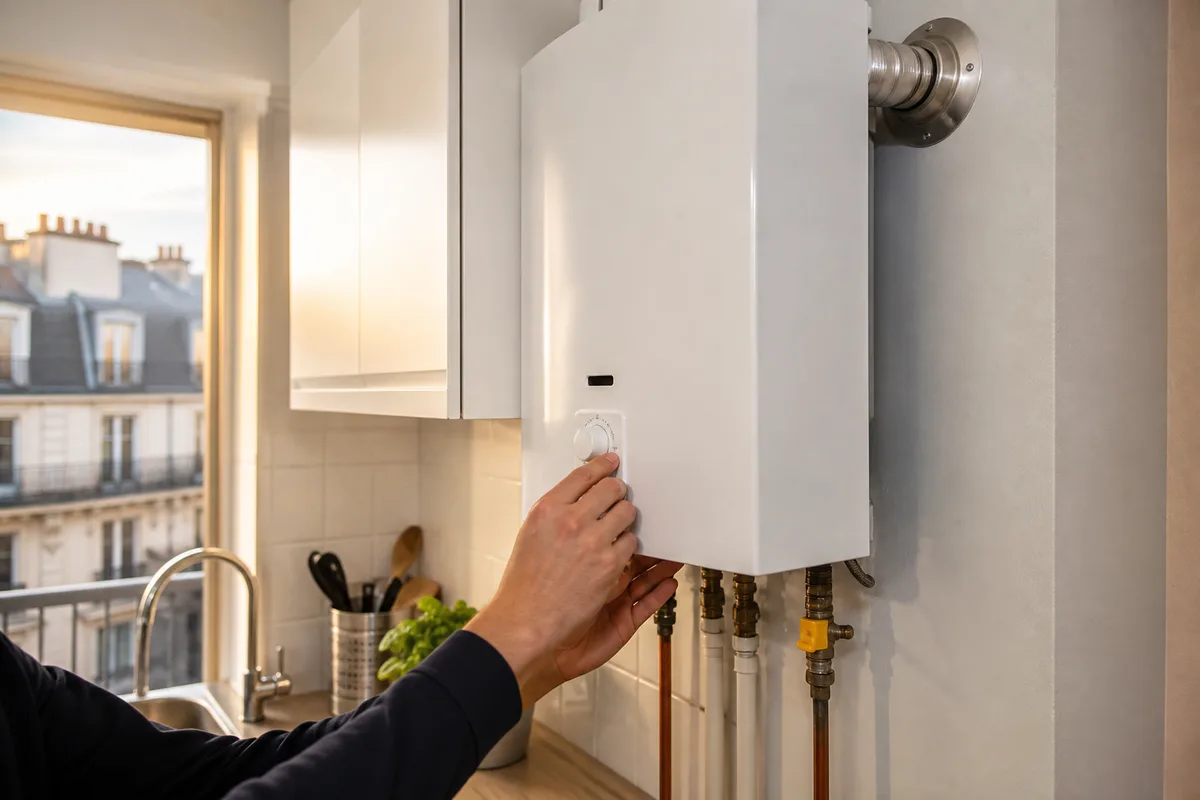 Chauffe-eau à gaz mural avec évacuation ventouse installé dans la cuisine d’un appartement francilien
