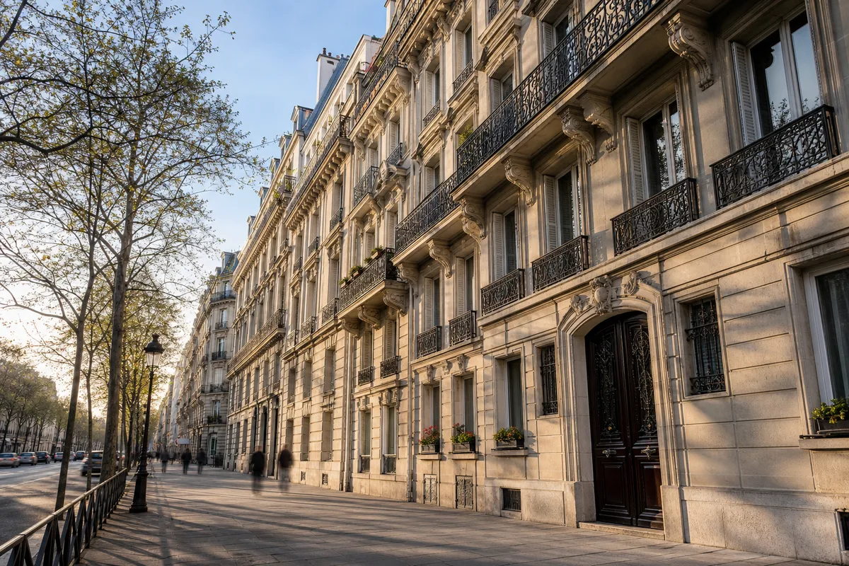 Rue parisienne bordée d’immeubles haussmanniens en pierre de taille, cadre typique des copropriétés d’Île-de-France