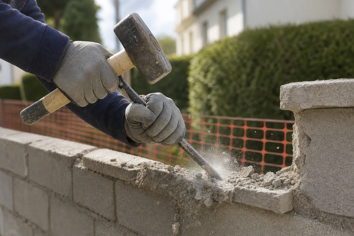 Démolition d’un mur de clôture en parpaings à la massette et au burin dans un jardin de pavillon francilien