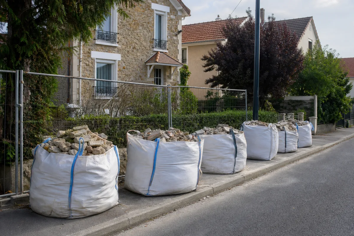 Big bags de gravats alignés devant un pavillon en meulière après la démolition d’un mur de clôture