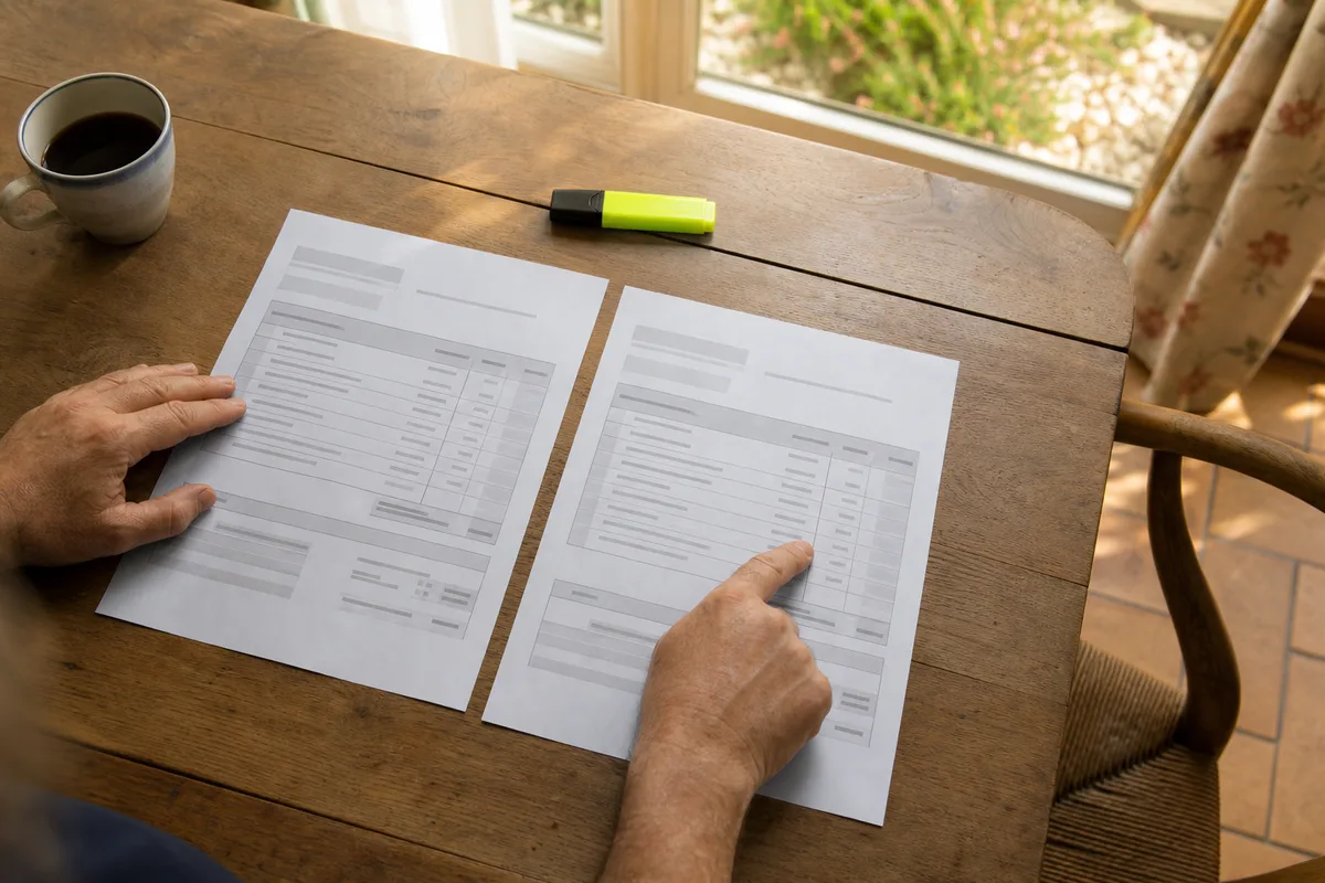 Mains comparant deux devis travaux détaillés sur une table de salon en Île-de-France