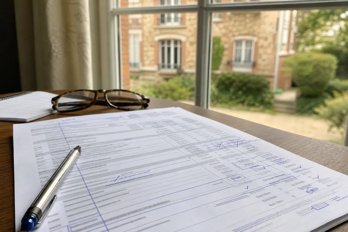Devis papier annoté au stylo devant une fenêtre de pavillon francilien