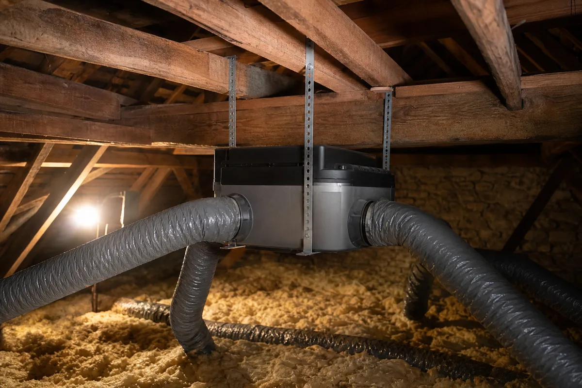 Caisson de VMC hygroréglable installé dans des combles avec ses gaines isolées