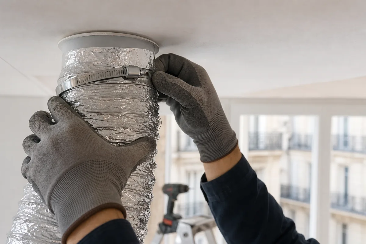 Artisan raccordant une gaine de ventilation sur une bouche d’extraction en plafond