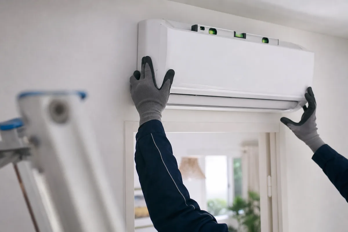 Installateur fixant une unité intérieure de climatisation réversible dans un salon de pavillon francilien
