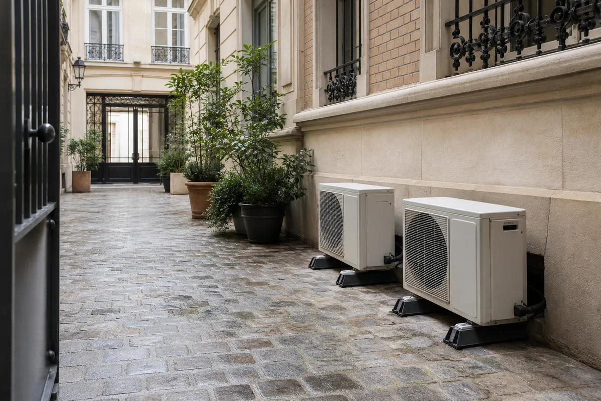 Unités extérieures de climatisation installées discrètement dans une cour intérieure d’immeuble parisien