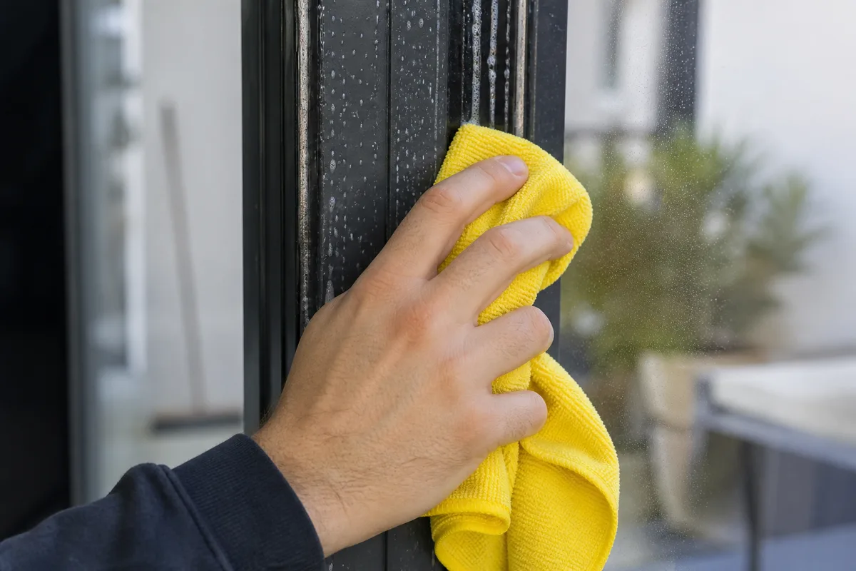 Nettoyage d&rsquo;un châssis de fenêtre en aluminium anthracite avec un chiffon microfibre
