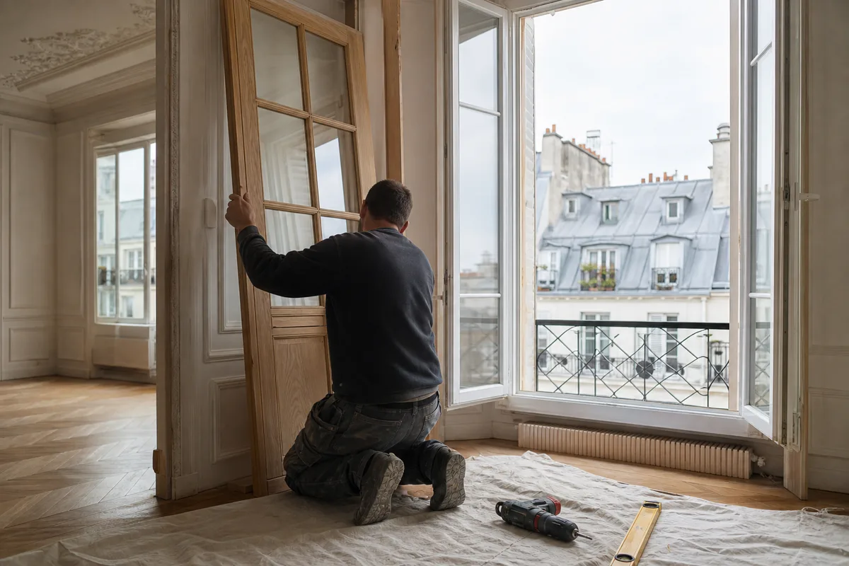 Menuisier posant une fenêtre en bois dans un appartement ancien parisien