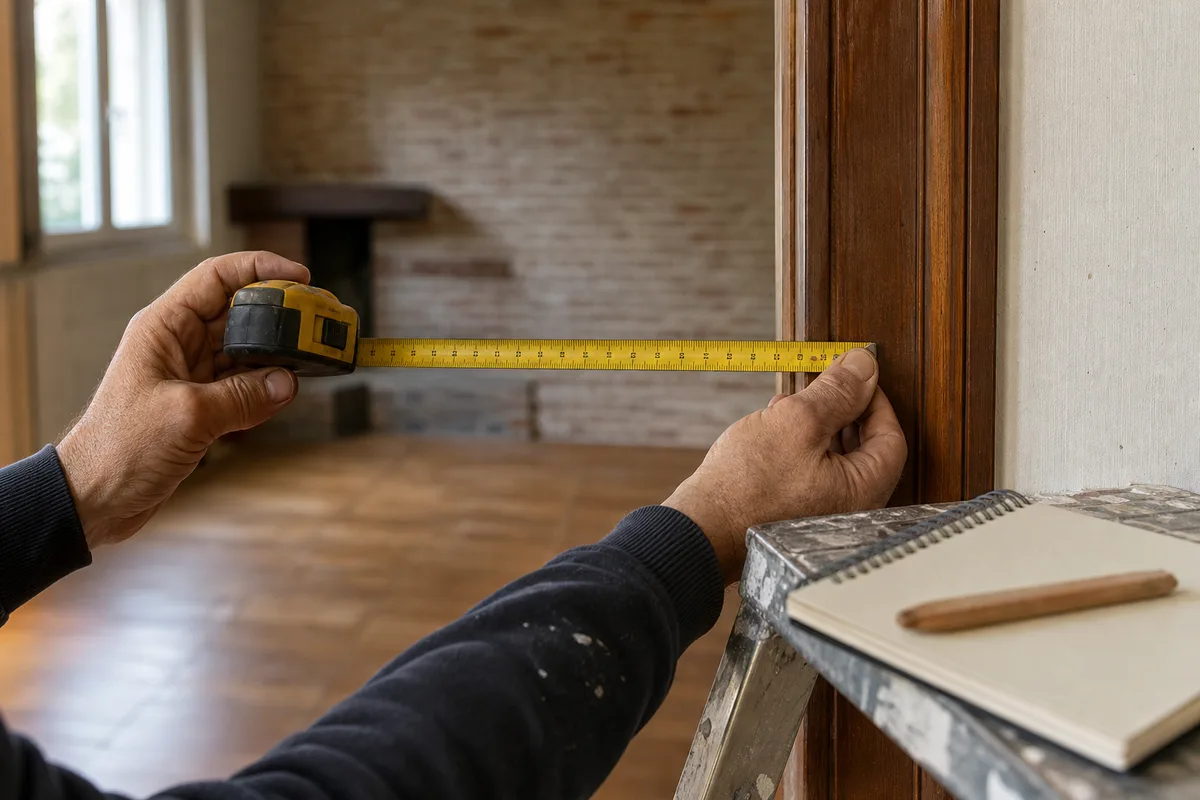 Artisan menuisier prenant des mesures pour un devis dans un pavillon francilien