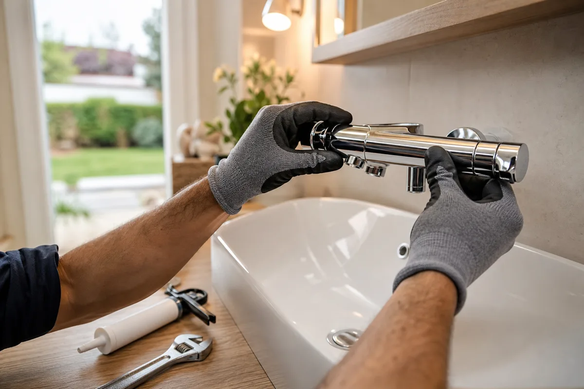 Mains d’artisan installant un mitigeur thermostatique sur un meuble vasque en bois clair