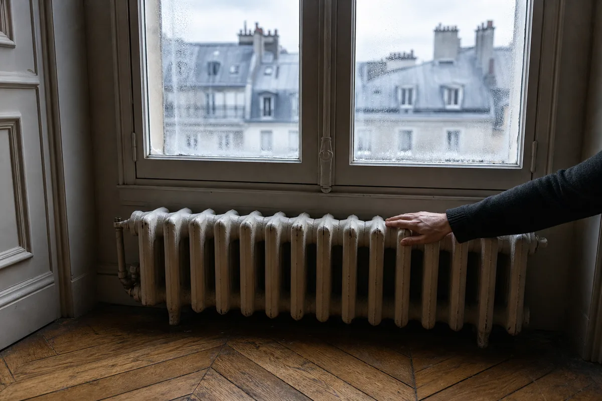 Radiateur en fonte froid devant la fenêtre d’un appartement parisien en hiver