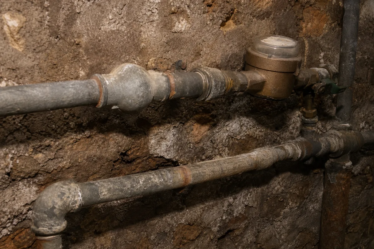 Canalisations anciennes en acier corrodé dans la cave d’un immeuble parisien
