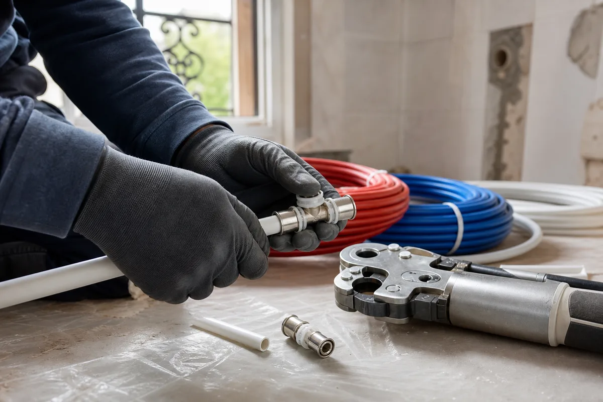 Tubes multicouche et raccords à sertir préparés pour la rénovation d’une salle de bain