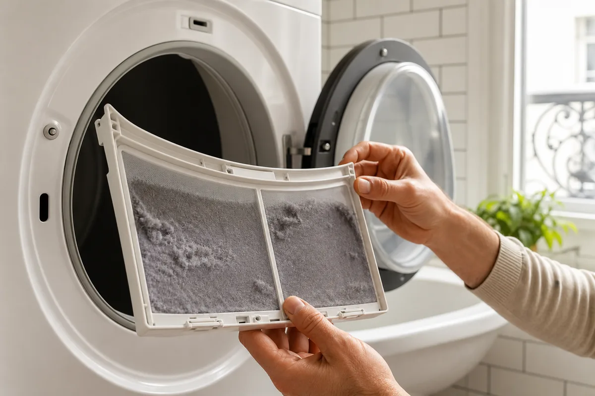 Mains nettoyant le filtre à peluches d&rsquo;un sèche-linge pompe à chaleur