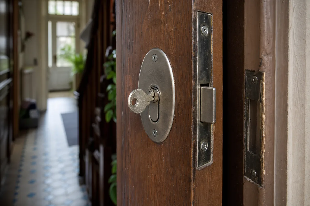 Cylindre de serrure et clé sur une porte d’entrée en bois d’un pavillon francilien