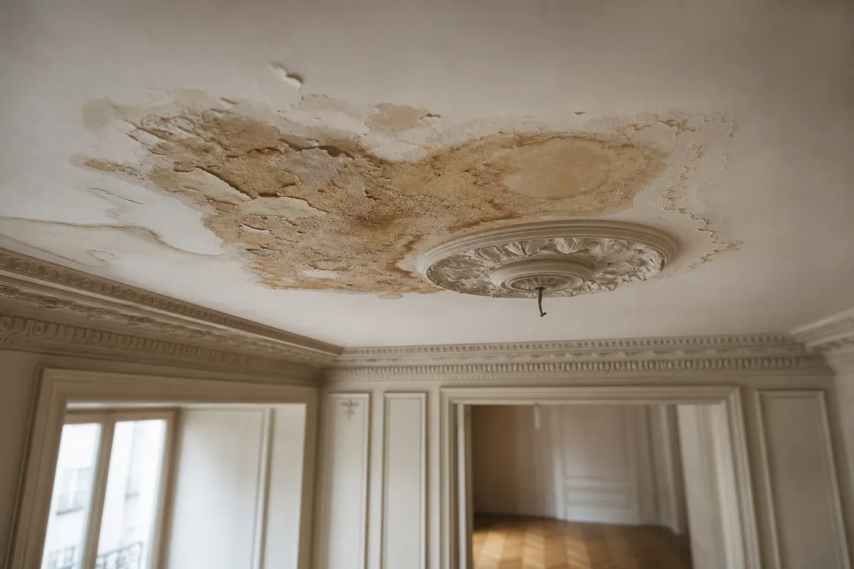Auréole d’humidité au plafond d’un salon haussmannien avec moulures